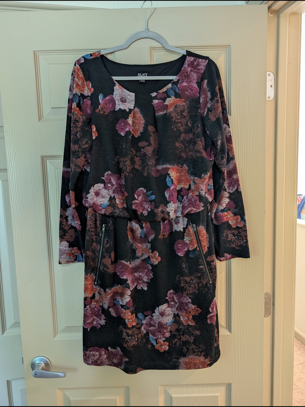 SLNY Black Floral Long-Sleeve Ponte Dress with Purple and Rust Accents